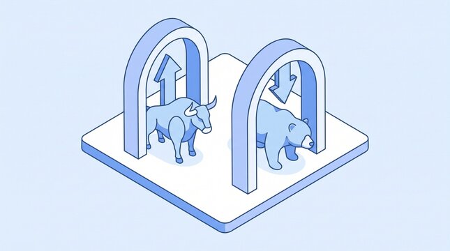 Bull and bear market isometric concept with upward and downward arrows representing financial trends