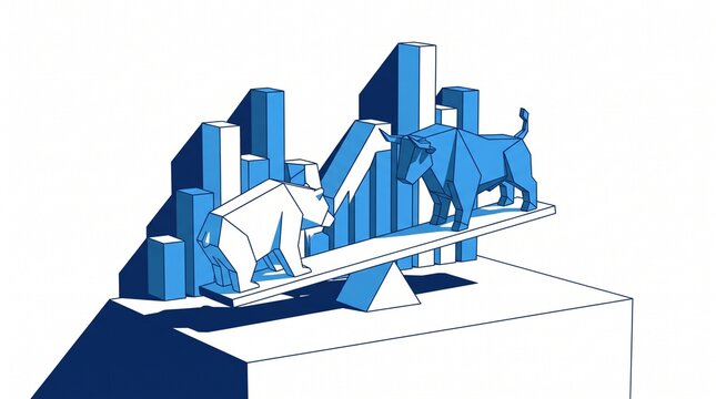 Bull and bear market trend balancing on a seesaw with financial growth bar charts