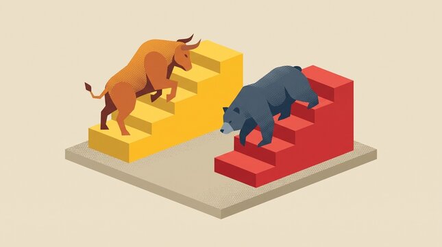 Bull and bear market trend concept with financial growth and economic decline stairs