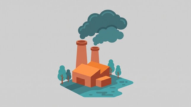 Industrial factory building with smoking chimneys and environmental pollution