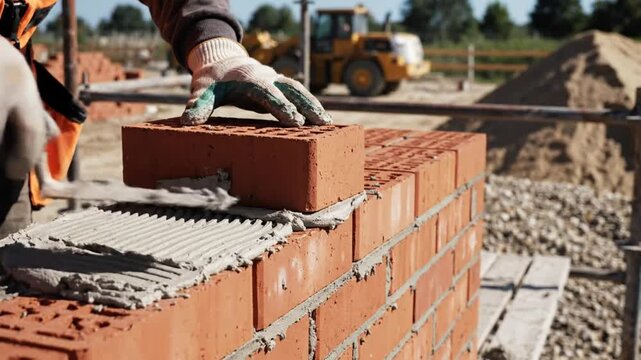 Construction worker carefully laying red bricks with mortar creating a sturdy building wall