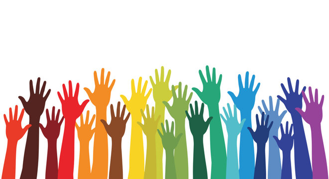 Diverse group of hands in a rainbow of colors raised high as a symbol of diversity, inclusion, and community support.