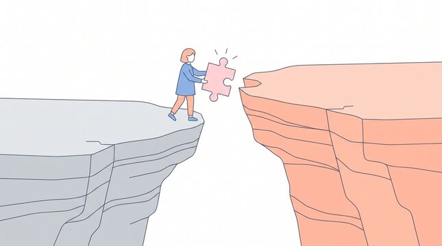 Person bridging a gap with a puzzle piece to represent problem solving and overcoming obstacles