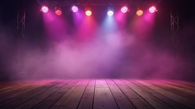 Empty wooden stage under colorful spotlights with drifting fog, symbolizing anticipation, creativity, and the magic of performance.