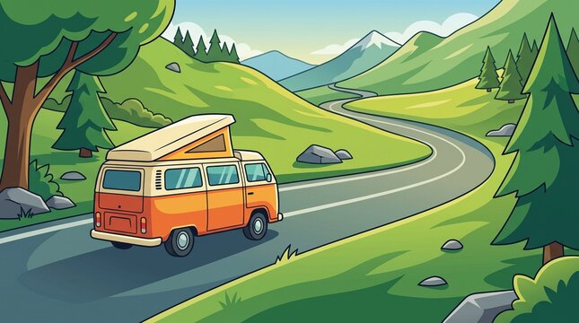 Orange camper van driving along a scenic winding road through green hills and pine forests
