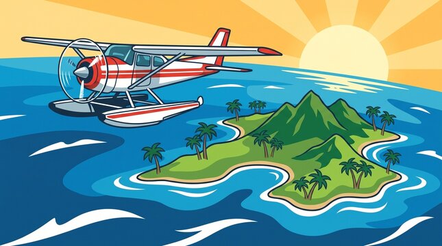 Seaplane flying over a tropical island in the ocean during a sunny sunrise