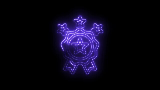 Glowing neon purple award ribbon with stars and badge emblem on black background abstract icon
