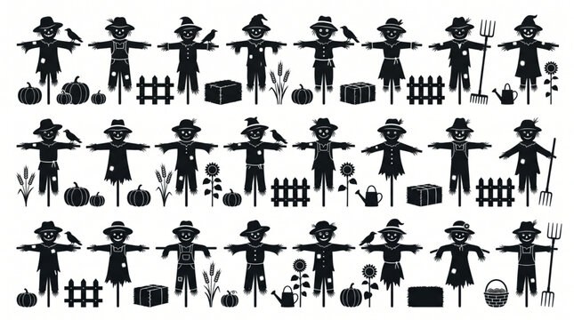 Scarecrow silhouette icon bundle vector set of various farmer straw man poses with farm elements like pumpkins crows hay and fences for halloween autumn harvest and agriculture designs. Graphics.