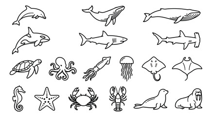 Minimalist sea life line icons, set of 18 aquatic animal vector illustrations, black outline marine creature symbols for educational infographics © Farah-Studio