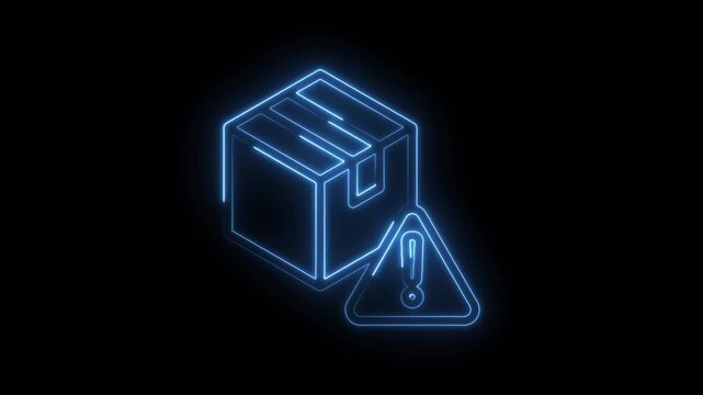 Glowing blue neon outline of a shipping box with an exclamation mark warning symbol on a icon