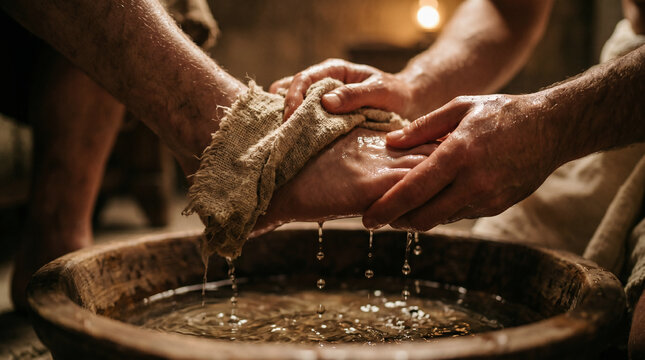 Jesus humbly washing the dusty feet of his disciples from a wooden basin before the Last Supper. Servant leadership concept