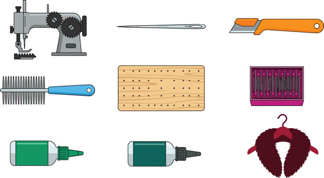 Professional Furrier Tools and Fur Garment Manufacturing Equipment Vector Icon Set for Fashion Design, Tailoring, and Luxury Craft Workshops