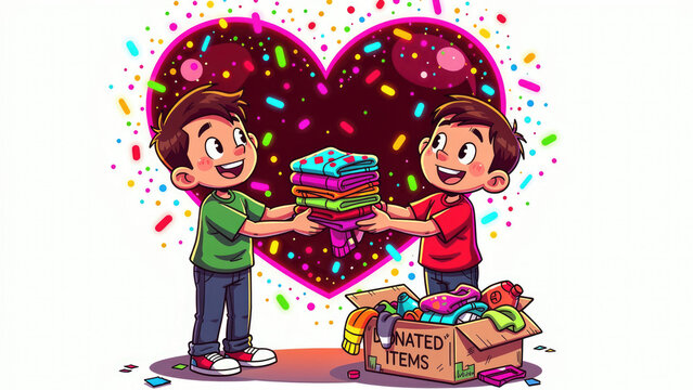 Two Boys Sharing Donated Clothes with Heart Background