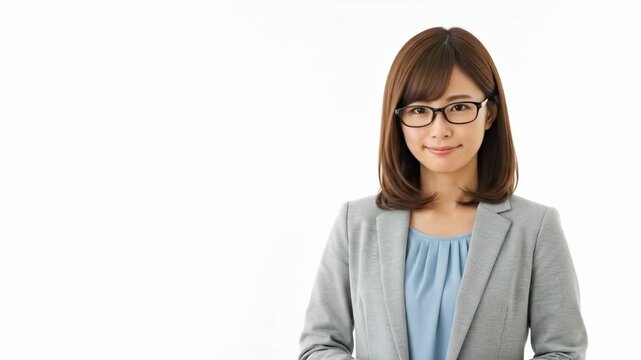 A professional japanese businesswoman gesturing to present something new
