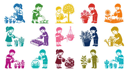 Obraz premium Children Watering Plants, Gardening, Cute Flat Vector Illustrations