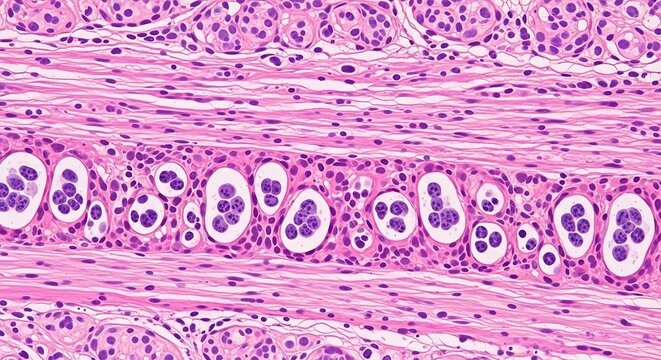 Microscopic view of tissue with cell clusters and fibers