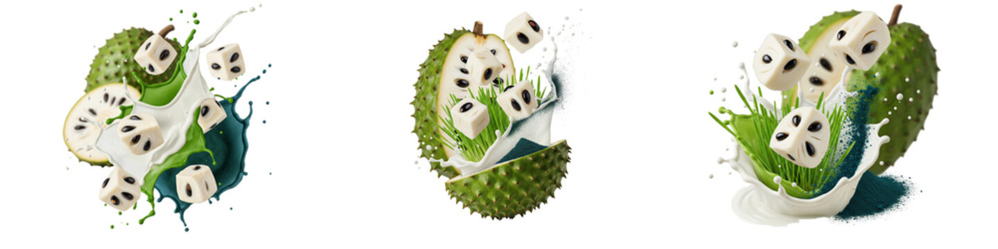 Fresh soursop fruit cubes with milk splash isolated on black background