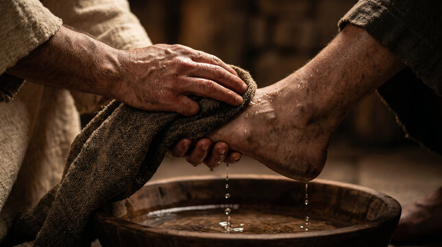 Jesus humbly washing the dusty feet of his disciples from a wooden basin before the Last Supper. Servant leadership concept