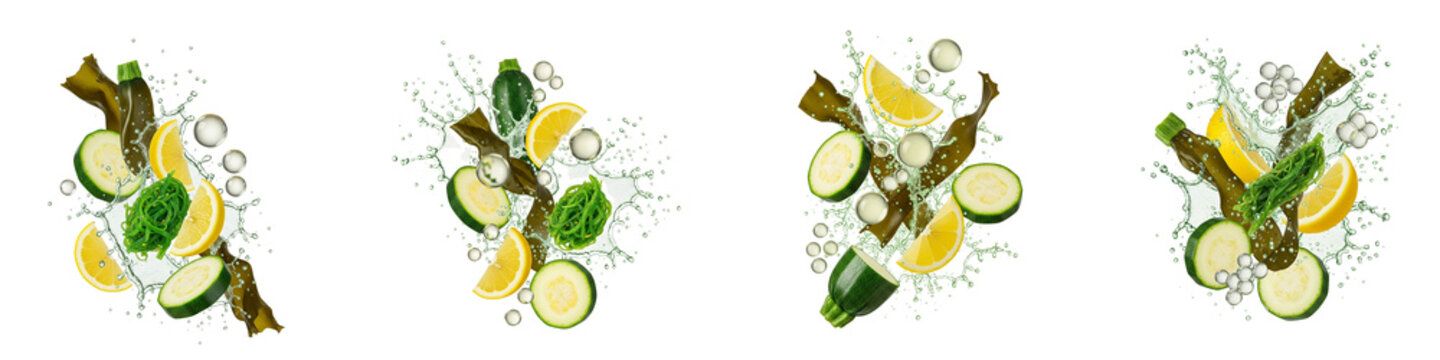 Fresh zucchini slices lemon wedges and seaweed floating with water splash