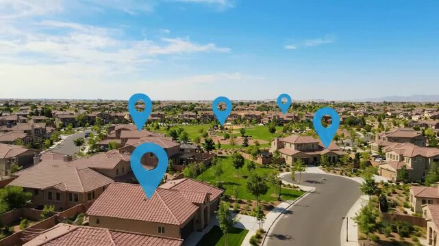 Aerial view of suburban neighborhood with digital map location pins for real estate and property search concepts