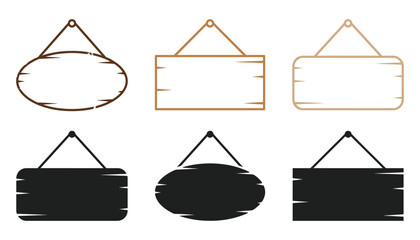 Hanging wooden signboards vector flat icon set. Blank notice boards featuring rectangle, oval, rounded shapes, solid silhouettes, rope contours and rustic empty billboard templates. ©  AR Studio Company