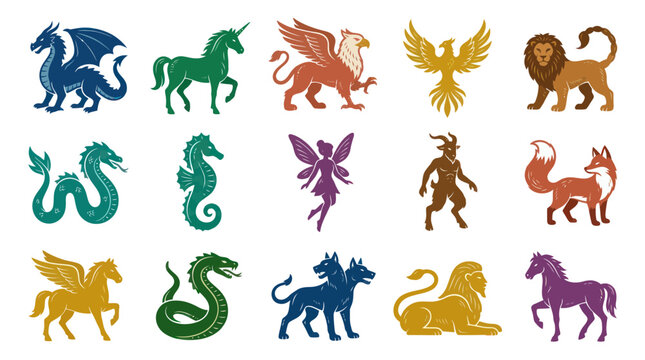 Vintage Mythical Creatures  Fantasy Animal Glyphs Collection. Legendary Beasts Textured Flat Vector Icons