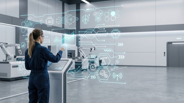 Female engineer operating futuristic touchscreen interface with artificial intelligence graphics in high tech manufacturing plant, Industry 4.0 and smart factory automation concept