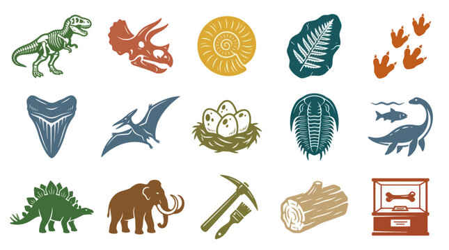 Prehistoric Paleontology and Dinosaur Vector Icons Set. Extinct Animals, Fossils, and Archaeology Symbols Collection.