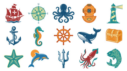 Fototapeta premium Vintage Retro Marine and Nautical Icons Set. Ocean Adventure and Sea Life Colored Illustrations Collection.