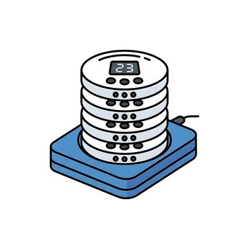 Stack of wireless restaurant pagers charging on a blue base in a clean minimalist style