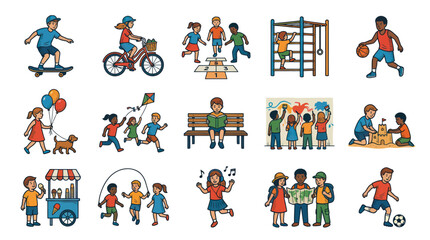 Fototapeta premium Happy Childhood Kids Playing and Learning Outline Illustration Set. Children Activities and Games.
