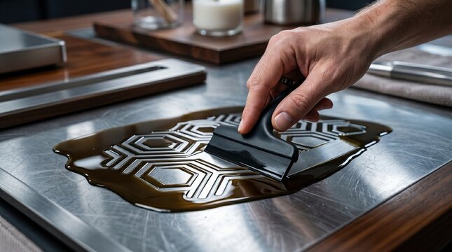 Hand using a squeegee to spread viscous liquid over a metallic surface with geometric patterns