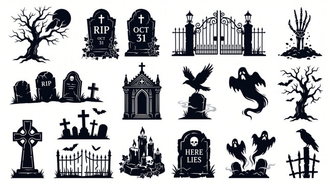 Halloween cemetery silhouette icon bundle featuring spooky gravestones haunted gates creepy trees ghosts crows bats and skeletal hands for scary horror party graphic design elements and vector