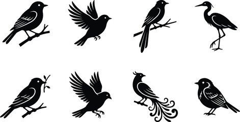 Naklejka premium Black silhouette bird vector bundle featuring perched, flying, wading, and ornamental designs for decorative and graphic use
