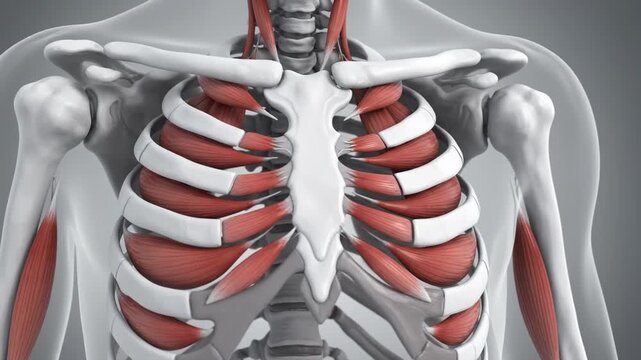 Medical 3D animation of human rib cage and intercostal muscles in motion, showcasing respiratory cycle.