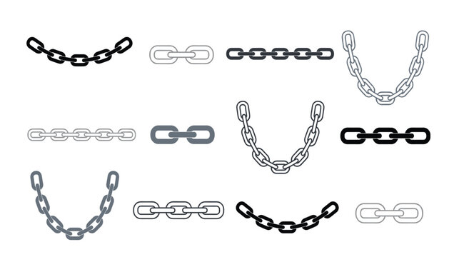 Metal chain links vector line icon set. Collection featuring curved chains, straight segments, heavy steel rings, connection loops, outline designs and industrial bond decorations.