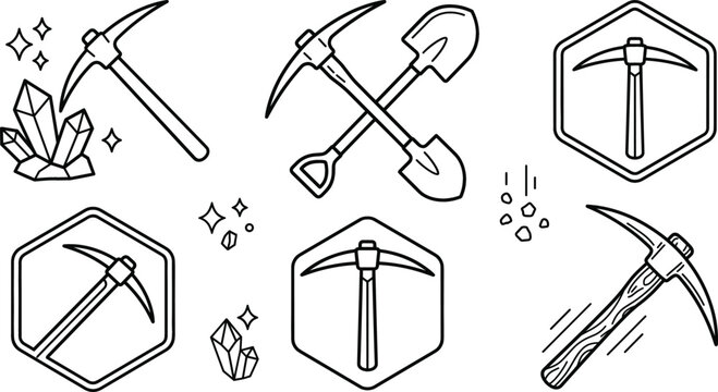 Mining line icons set featuring pickaxe shovel crystals gems hexagon badges and rock ore elements for geological design