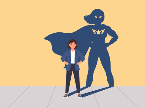 woman standing confidently casting shadow superhero figure illustration courage confident challenge woman leadership motivation strong concept
