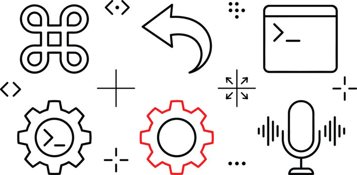 Technology linear vector icons set featuring command symbol arrow programming terminal window gears microphone sound waves and code signs