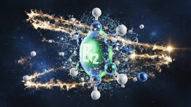 Abstract Molecular Structure of Vitamin B2 (Riboflavin) with Dynamic Particles in Space Background