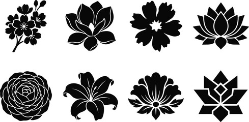 Fototapeta premium Black silhouette floral vector bundle featuring lotus, cherry blossom, lily, camellia, and ornamental decorative flower designs