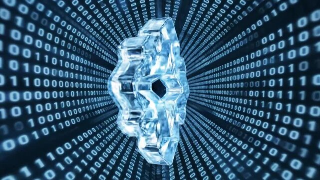 Abstract shimmering crystal shape rotating on a binary code data stream background, futuristic concept.