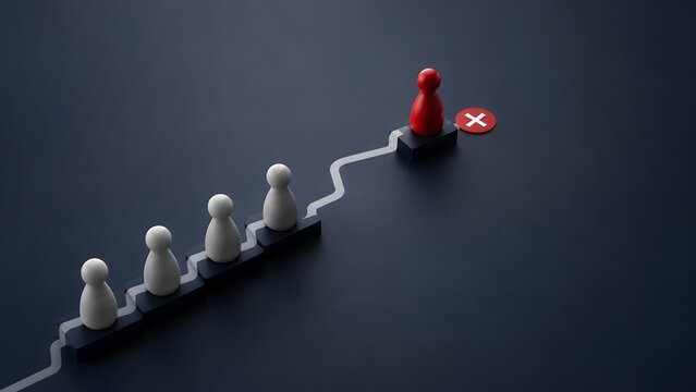 Red wooden figure leading white figures on a path toward a red cross mark representing misguided leadership and strategic failure