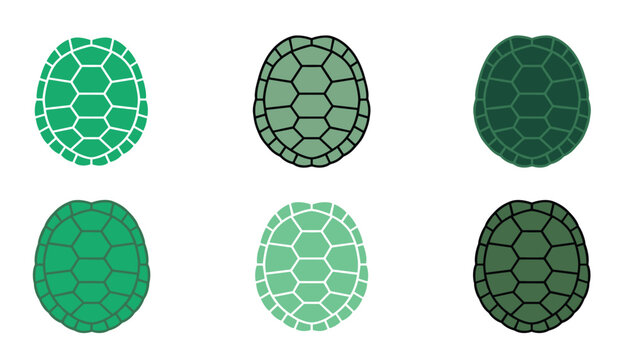 Green turtle shell vector flat icon set. Collection featuring tortoise carapace textures, reptilian scales, geometric patterns, outlines, armor plating and marine wildlife decorations.