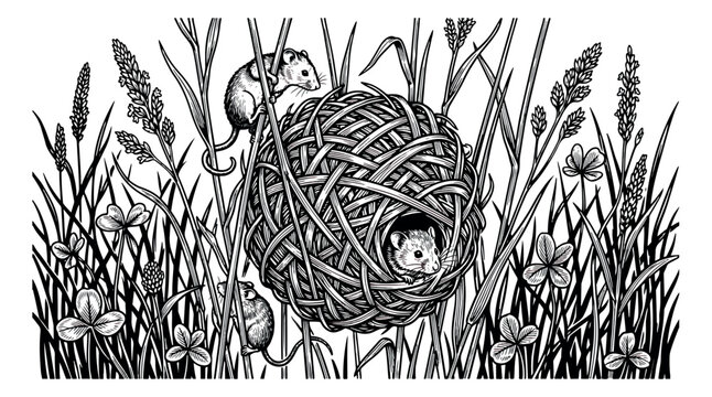 Vintage woodcut harvest mice illustration, field mouse nest in wild grass and clover, black and white wildlife engraving vector