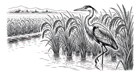 Fototapeta premium Vintage heron bird in rice field vector illustration, hand drawn crane standing in paddy water, rural landscape with aquatic plants and mountains
