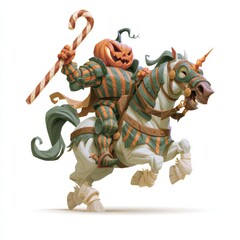Fototapeta premium A pumpkin knight cartoon style rides a noble horse while holding a candy spear, a bold Halloween fantasy scene for festival graphics artwork.