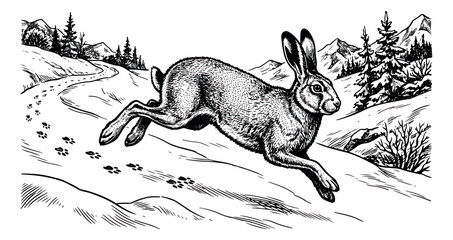 Vintage woodcut hare running in winter landscape, hand drawn jumping rabbit vector illustration, antique engraved wild animal in snowy mountains © sajida