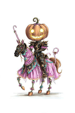 A pumpkin knight cartoon style rides a noble horse while holding a candy spear, a bold Halloween fantasy scene for festival graphics artwork.