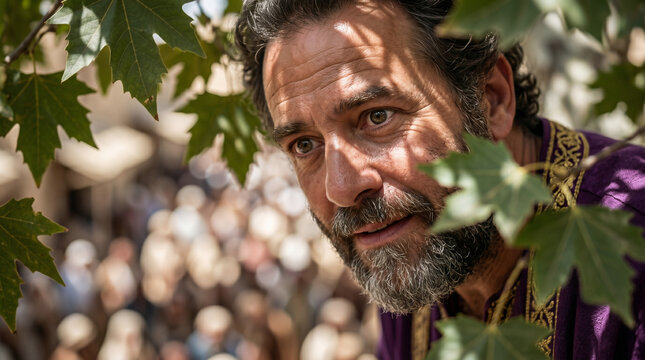 Zacchaeus the tax collector climbing a leafy sycamore tree to see Jesus passing through the crowded streets of Jericho